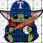 This is an image of Baby Yoda with Texas Rangers baseball